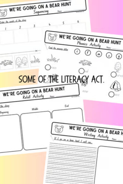 3 Homeschool Resource Co. activity page design featuring bear hunt literacy and phonics prompts for early learners.