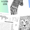 Detailed black and white coloring page featuring African wild animals including a lion, leopard, and giraffe, with educational labels and a word search puzzle.