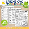 3 Spring CVC worksheets for homeschool, featuring word ladders, blending activities, and word mazes for early reading skills.