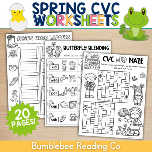 3 Spring CVC worksheets for homeschool, featuring word ladders, blending activities, and word mazes for early reading skills.