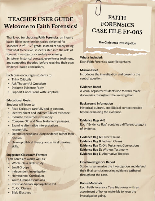 3 Faith Forensics case file and investigation tools for homeschooling and biblical studies.