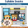 3 Syllable Snacks open and closed syllables poster featuring burger, french fries, and a cartoon bee reading buddy brand, encouraging quick learning.
