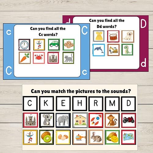 Educational matching cards and sound games for kids, featuring colorful illustrations of animals, objects, and classrooms to support homeschooling activities.