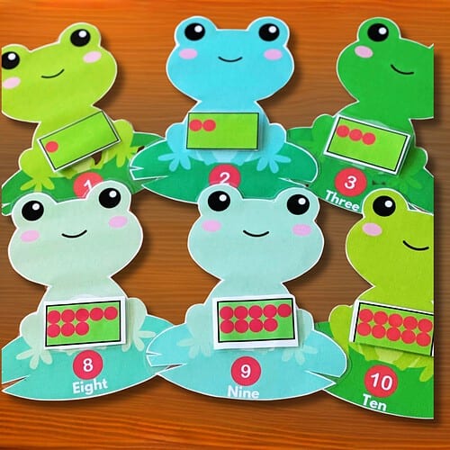 Colorful frog-themed educational flashcards for counting and numbers from 1 to 10, designed for homeschooling activities.