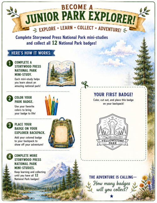Junior Park Explorer Guide Kids engaging with a storytelling press National Park mini-studies poster, featuring colorful illustrations of nature, trees, and a backpack.