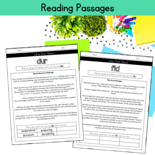 4 Latin Roots Morphology Matrix & Word Sums with Reading Passages 5th 6th Grade