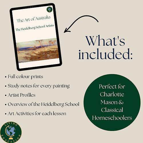 Homeschool resource guide featuring art study materials for Heidelberg School artists, ideal for Charlotte Mason and classical homeschoolers.