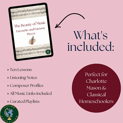 Music Learning Resources for Homeschoolers Homeschool music resource app displaying lessons, listening notes, and playlists for classical and composer profiles.