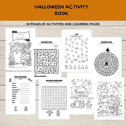Halloween Activity Book page designs including maze, word search, maze, and coloring pages from Homeschool Resource Co.