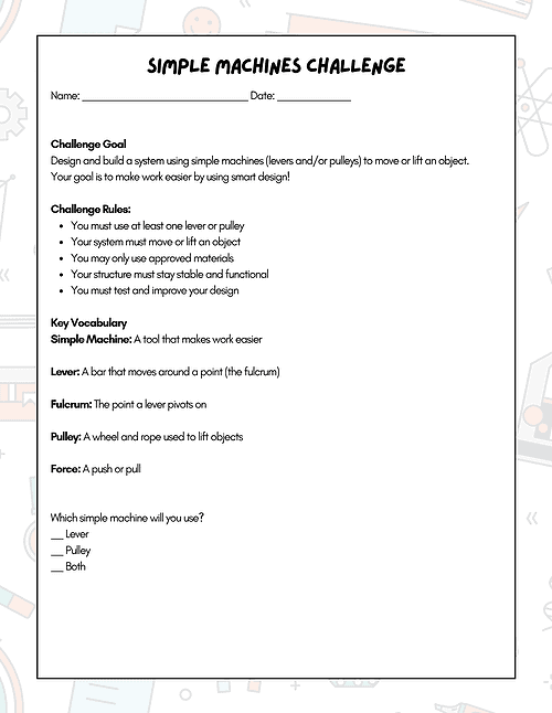 6 STEM CHALLENGE Simple Machines Pulleys and Levers Challenge | 3rd-8th Grade | Low Prep
