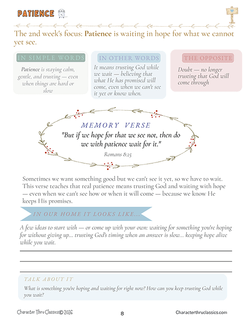 9 Calm, trusting faith described with memory verse Romans 8:25 and gentle, hopeful imagery for homeschooling families.