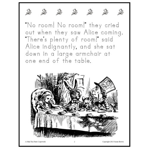 Black and white illustration of Alice and the Mad Hatter at a tea party, with a quote about no room and Alice sitting in a large armchair.