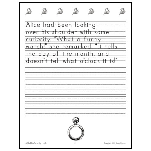Homeschool Resource Co. Educational Notebook Handwritten story about a watch with a drawing of a pocket watch at the bottom, ideal for homeschooling activities.