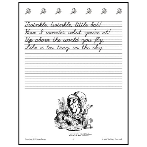 Homeschool Resource Co. - Whimsical Notebook Page A whimsical notebook page with a handwritten poem about a twinkling little bat and a black-and-white illustration of a surprised woman at a tea party.