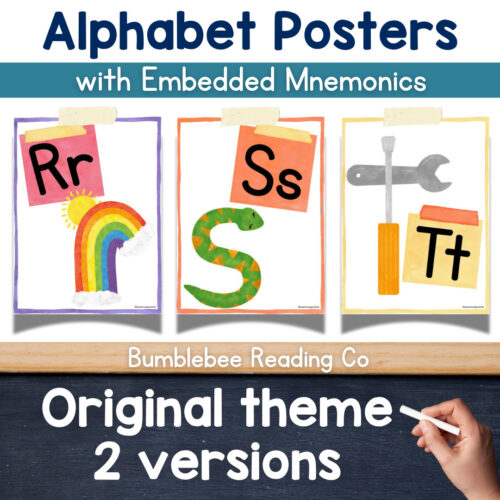 Alphabet Posters with Embedded Mnemonics Colorful alphabet posters featuring R, S, and T with embedded mnemonics for homeschool learning.