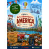 America cover, square Mini Art Adventures America book cover by Paintbox Adventures featuring Route 66, iconic American landmarks, vintage car, passport stamps and travel-themed illustrations for homeschool exploration.
