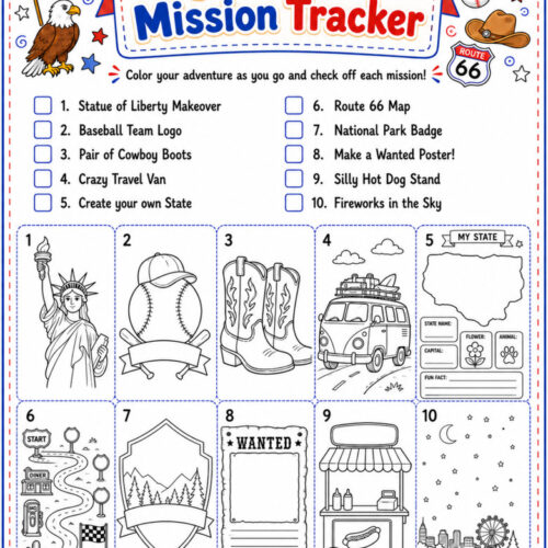 My America Mission Tracker image featuring patriotic elements, icons, and a travel-themed checklist for a homeschool activity.