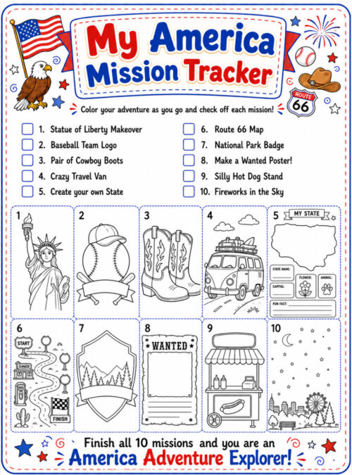 America mission tracker My America Mission Tracker image featuring patriotic elements, icons, and a travel-themed checklist for a homeschool activity.