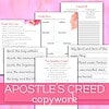 Apostles Creed A collage of homeschool copywork pages featuring handwriting lines, vocabulary, and scripture passages from Homeschool Resource Co., showing printed lines and decorative watercolor accents.
