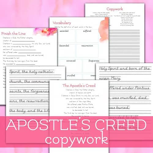 Apostles Creed A collage of homeschool copywork pages featuring handwriting lines, vocabulary, and scripture passages from Homeschool Resource Co., showing printed lines and decorative watercolor accents.