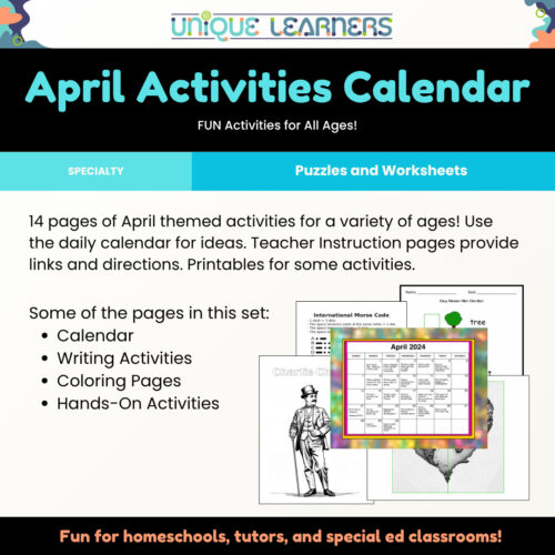 April Activities Calendar_Product_Description April Activities Calendar for homeschoolers featuring puzzles, worksheets, and themed activities for all ages.