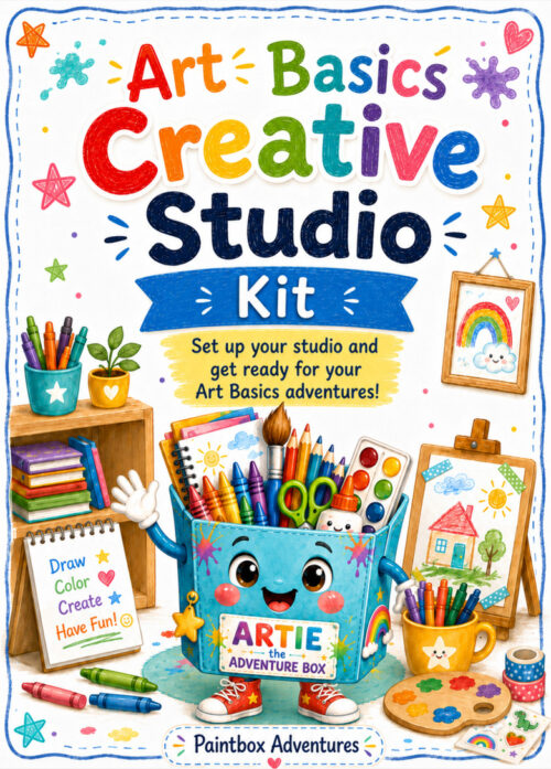 Art Basics Creative Studio Kit cover, resized Art Basics Creative Studio Kit — colorful art supplies and cartoon backpack with paints, pencils, brushes and drawings for kids, great for homeschooling adventures.