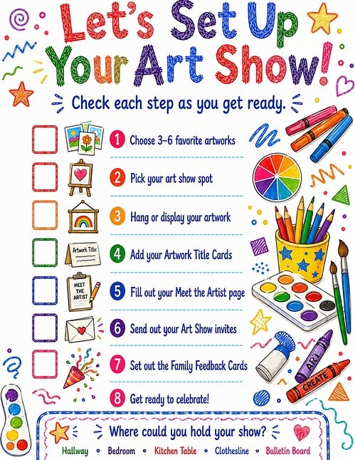 Art Show checklist page, resized Let's Set Up Your Art Show poster with colorful drawings, brushes, paints, and steps for a homeschool art display.