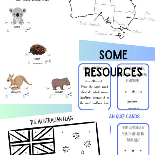 Educational Australian map and flag with animals and language cards for homeschooling resources.