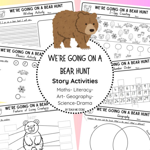 Bear hunt pack TPT We’re Going on a Bear Hunt - Story Activities cover page with bear illustration and printable worksheets for writing, math, science, geography, and art activities.