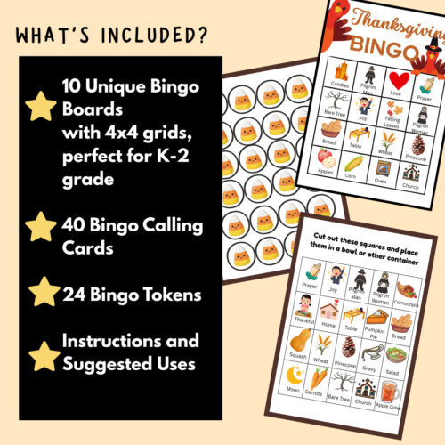 Homeschool Resource Co. Thanksgiving bingo set featuring 10 unique bingo boards, 40 calling cards, 24 bingo tokens, and instructional ideas for K-2 at home.