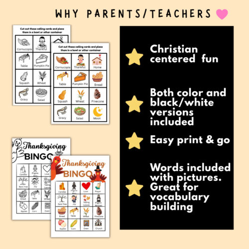 Bingo Cover 3 Christian-centered homeschool resource with color and black/white versions, printable bingo and word cards for Thanksgiving and family-friendly activities.