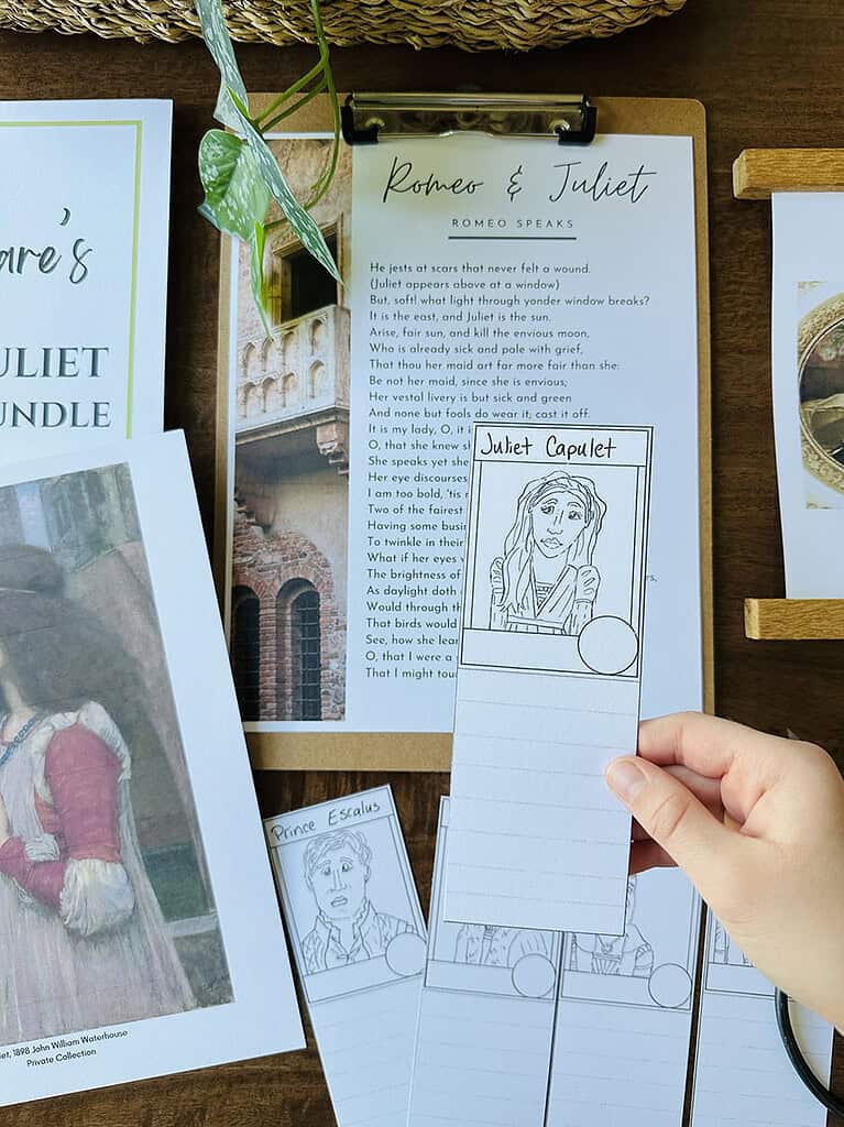 Homeschool resource materials for Romeo & Juliet including scripts, illustrations, and study guides for engaging learning.