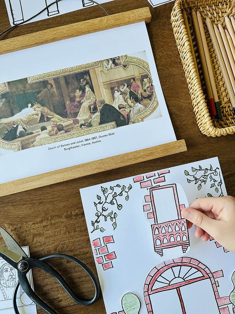 Educational art and history materials for homeschooling, including a historical painting print and a coloring page of a castle.