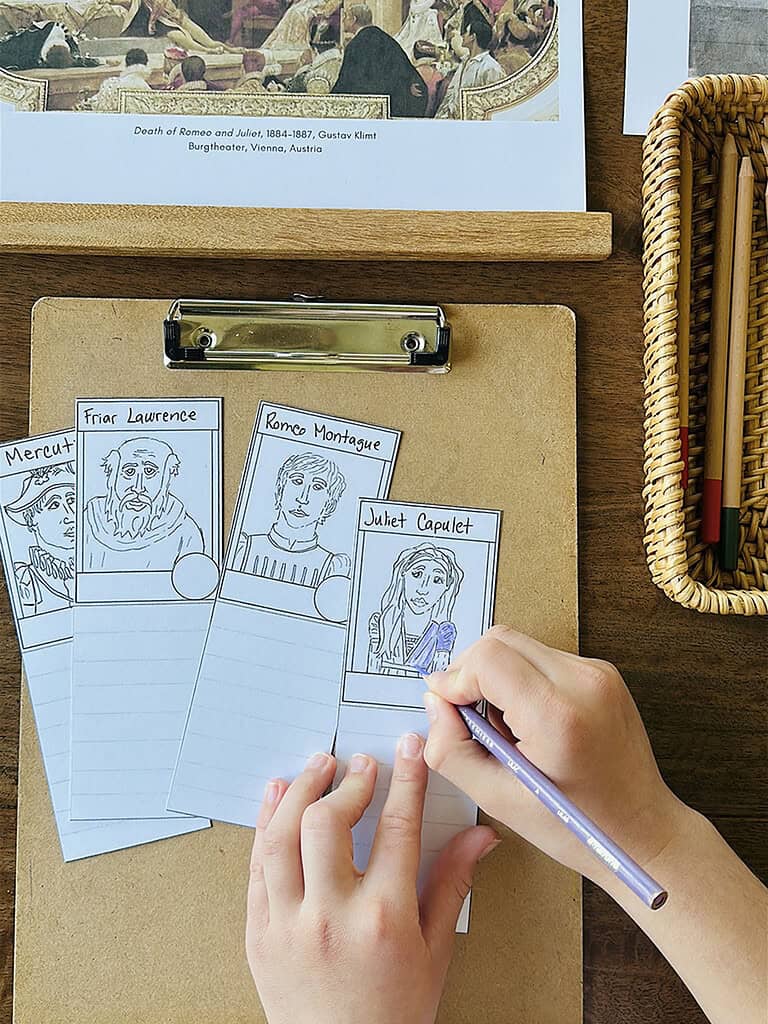 Child creating history flashcards with illustrated portraits of historical figures for homeschooling educational activities.