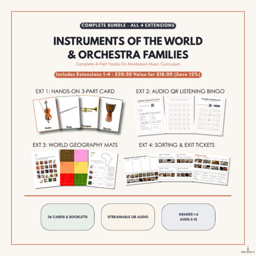 COMPLETE UNDLE · ALL 4 EXTENSIONS copy Instruments of the World & Orchestra Families educational bundle for homeschooling, includes cards, audio, and geography mats.