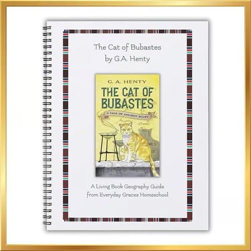 Cat of Bubastes Cover image of a spiral-bound book titled The Cat of Bubastes by G.A. Henty, featuring a yellow-taced illustration of a cat and a st background, framed by a patterned border.