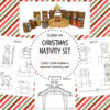 Christmas Nativity set TPT Color-in Christmas nativity set craft with printable nativity figures and stable, featuring a manger and star on festive striped background.