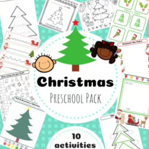 Christmas Preschool Pack: activities, trees, and kids illustrations for homeschool resources.
