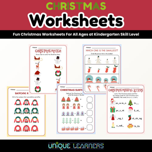 Christmas Worksheets for Kindergarten_Overview TITLE Christmas-themed downloadable worksheets for kids featuring games, counting, and letter activities from Homeschool Resource Co. to enhance early learning and holiday-themed literacy skills.
