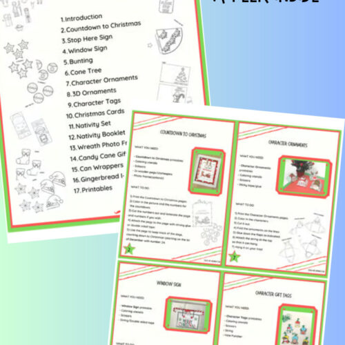 Homeschool Resource Co. Christmas craft activity pages featuring character ornaments, window signs, and printable decorations for holiday learning and fun.