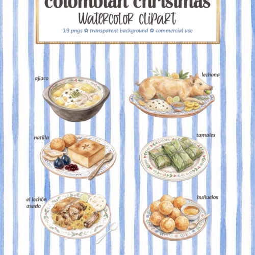 Watercolor clipart of Colombian Christmas dishes including ajiaco soup, roasted chicken, tamales, buñuelos, and more, on a striped blue background.