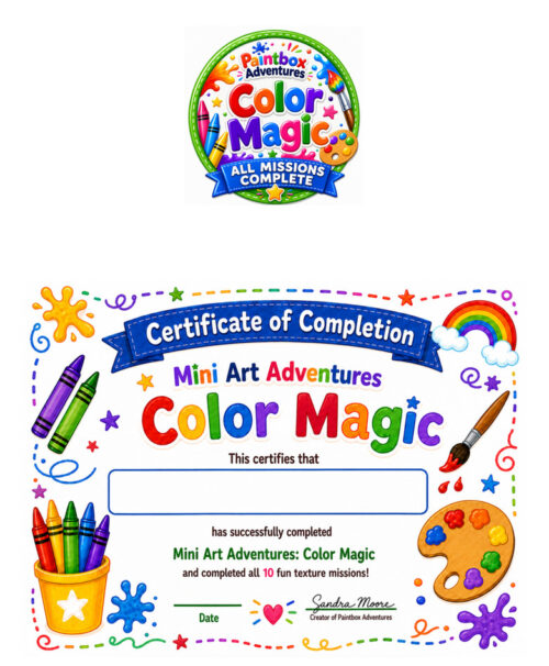 Color Magic badge and certificate, resized Certificate of Completion for Mini Art Adventures from Colorful Paintbox design, featuring crayons, brushes, palette, and rainbow elements.