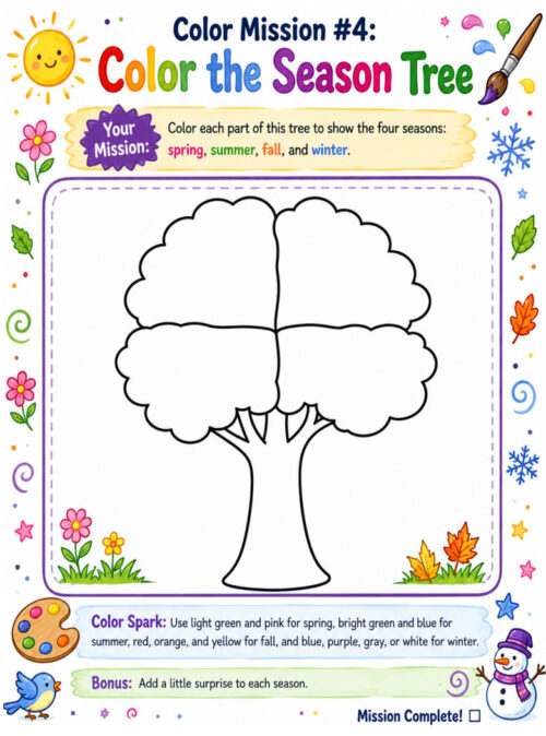 Color Mission 4 Season Tree page, resized to 781 wide Color the Season Tree page from Color Mission #4 on Homeschool Resource Co., featuring a large central tree outline surrounded by seasonal doodles and a colorful title banner.