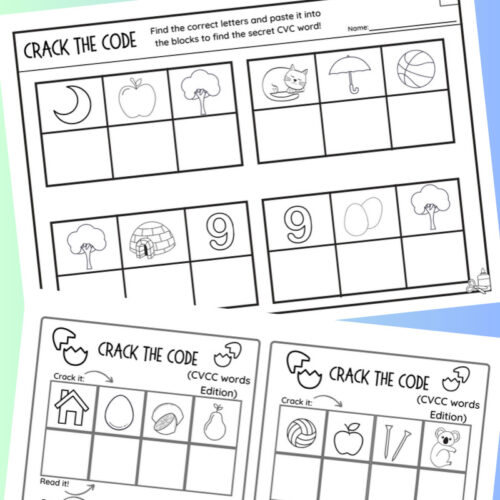 Educational worksheet titled 'Crack the Code' with images of moon, apple, cloud, cat, umbrella, ball, globe, number 9, and tree for early learning activities.