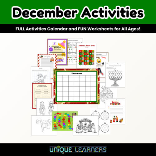 Decorative homeschooling calendar pages and activity sheets collage from Homeschool Resource Co., showcasing December theme and festive worksheets for all ages.