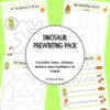 Dino prewriting TPT Dinosaur prewriting pack cover on bright lime background with dotted lines, shapes, letters and small dinosaur illustrations for early writing practice.