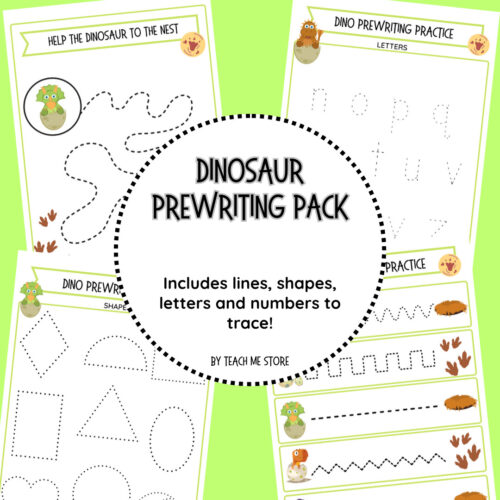 Dino prewriting TPT Dinosaur prewriting pack cover on bright lime background with dotted lines, shapes, letters and small dinosaur illustrations for early writing practice.