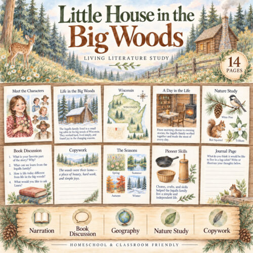 Little House in the Big Woods Educational Poster Educational poster for homeschooling featuring Little House in the Big Woods with characters, seasons, nature study, and activities.