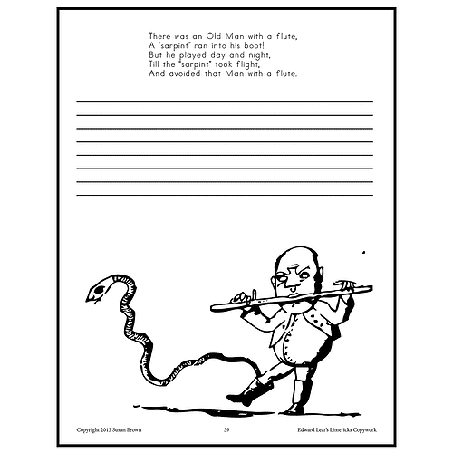 Humor in Flute Play: Old Man Cartoon Cartoon illustration of an old man with a flute, a snake, and playful lines from a vintage page.