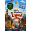 England cover, square Mini Art Adventures: England book cover featuring London icons like Big Ben, red double-decker buses, and a Corgi at a travel desk; colorful collage for kids' homeschool activity.